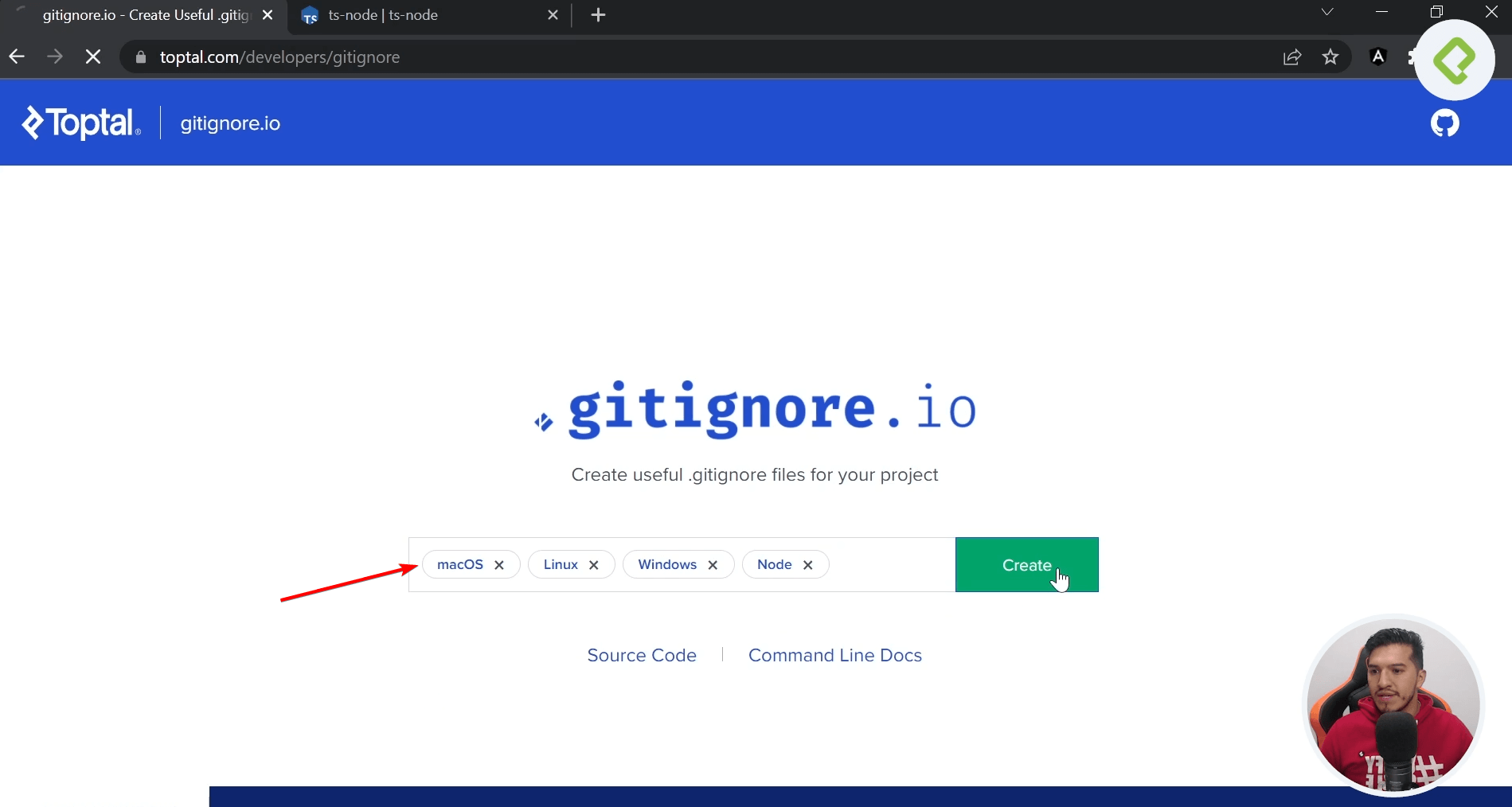 Página Gitignoreio - Colocamos como parámetros macOS, Linux, Windows y Node, luego le damos a Crear o Create