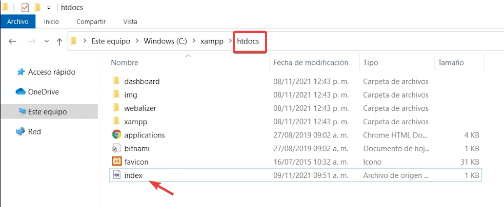Archivo index dentro de la carpeta htdocs