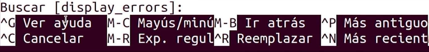 Buscando la opción display_errors en el archivo php.ini