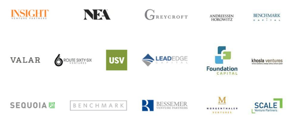 Insight Venture Partners, NEA, Greycroft, Andreessen Horowitz, Benchmark Capital, Valar, Route 66 ventures, USV, LeadEdge Capital, Foundation Capital, Khosla Ventures, Sequoia, Benchmark, Bessemer Venture Partners, Morgenthaler Ventures y Scale Venture Partners
