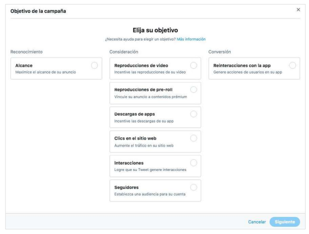 Vista de la pantalla de objetivos cuándo creas una campaña en Twitter.