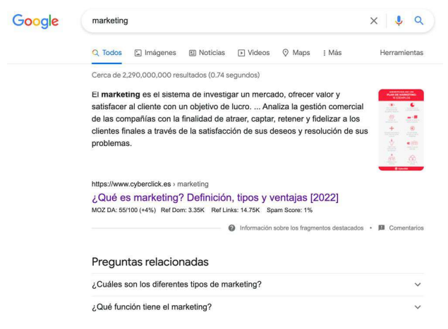 Ejemplo de cómo se ve la posición cero en una búsqueda en google.