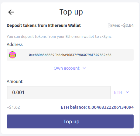 Envio de ETH de Ethereum a zkSync