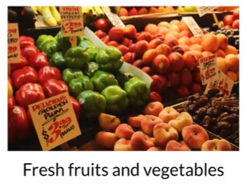 Imagen de vegetales y frutas comunes para compras en inglés