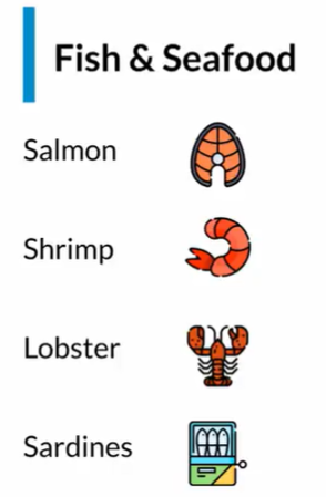 Imágenes de comida marina comunes para compras en inglés