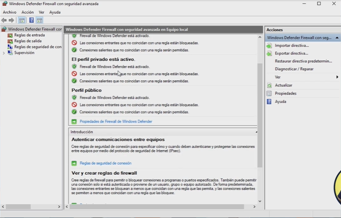 Ventana de configuración de Firewall