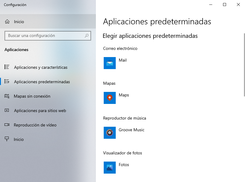 Ventana de configuración de aplicaciones predeterminadas