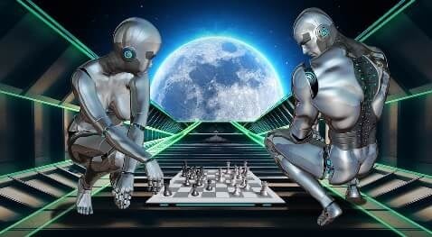 Dos robots jugando ajedrez, en una rampa, con vistas a lo que parece ser la luna