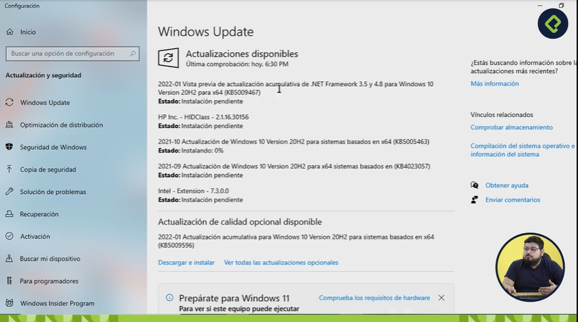 Ventana de actualización Windows Update