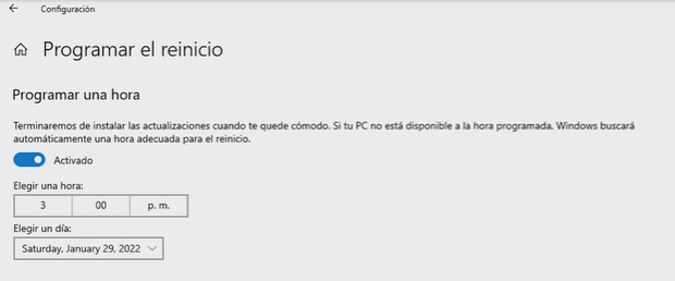 Ventana para programar una hora de reinicio