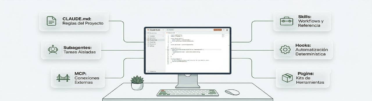 Si solo usas el chat de Claude Code, estás desperdiciando el 80% de su poder. Guía práctica de CLAUDE.md, Skills, Subagentes, Hooks y más