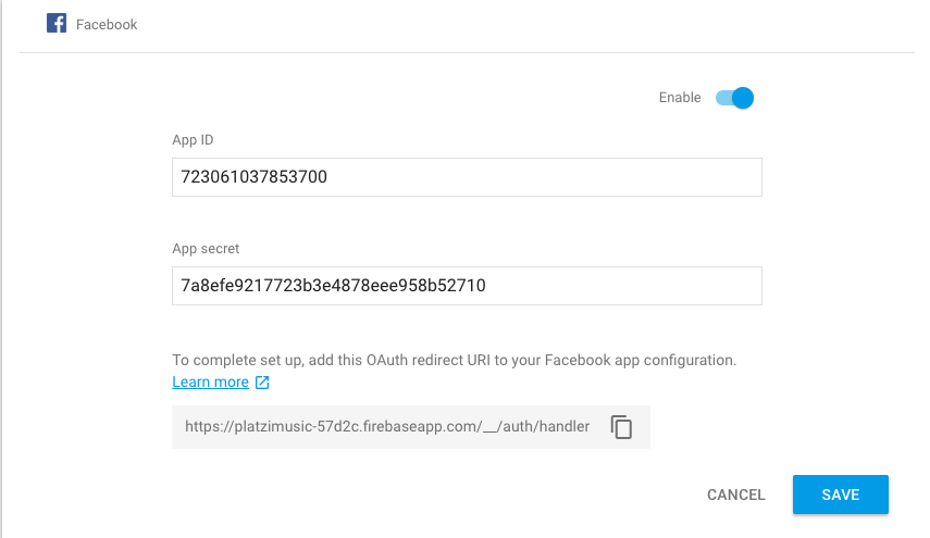 Confirugacion de Facebook en Firebase
