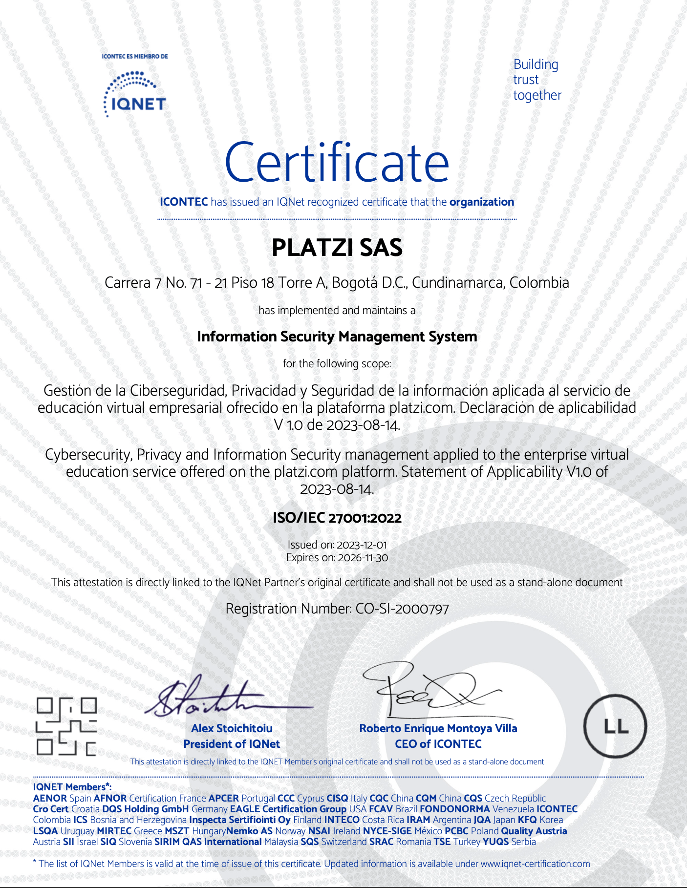 Certificado Platzi ISO 27.001:2022, IQNET