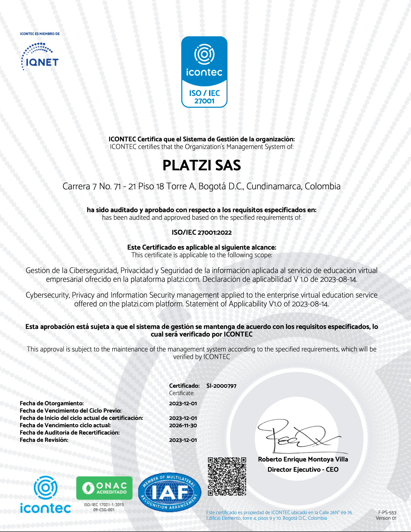 Certificado Platzi ISO 27.001:2022, ICONTEC