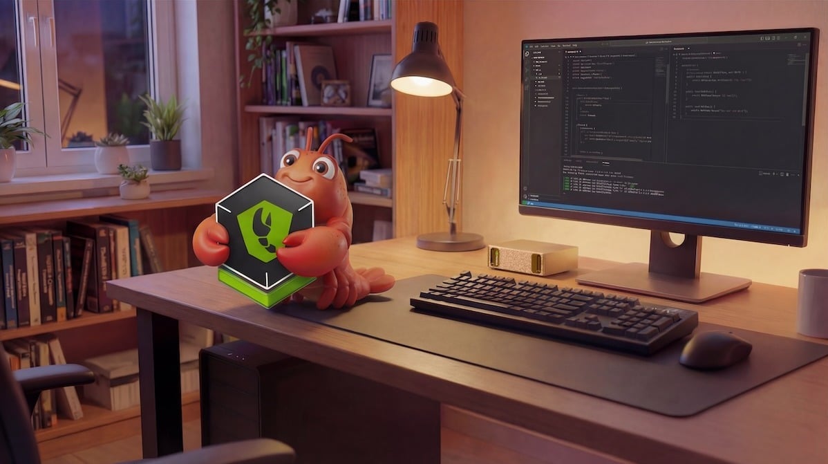 La langosta de NemoClaw sostiene el logo del sandbox junto a un escritorio con código en pantalla
