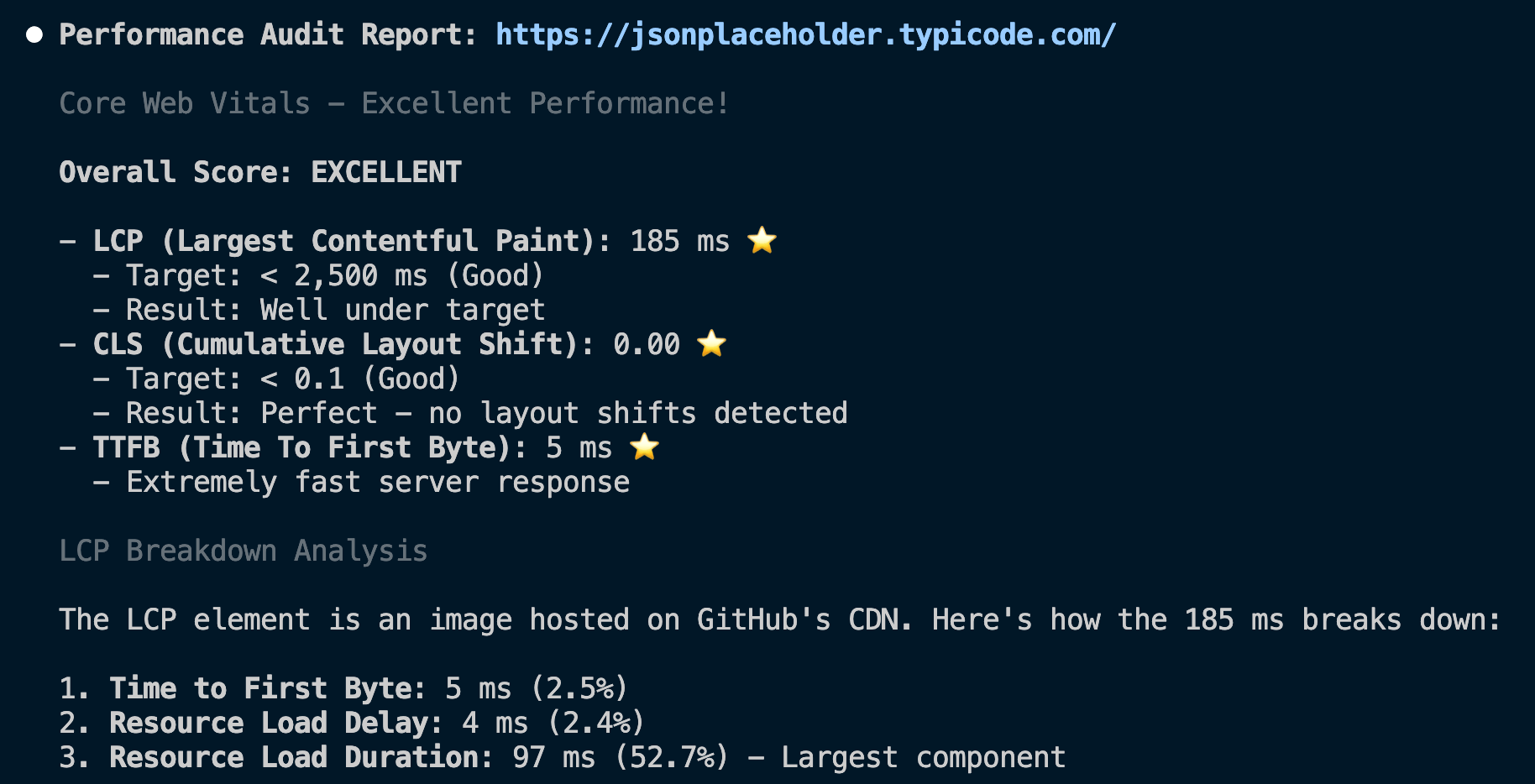 Reporte con métricas como LCP