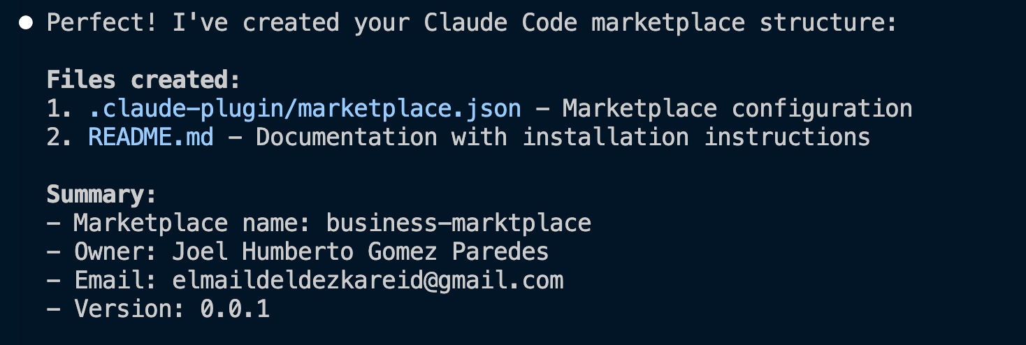 Resultado final del comando para crear un marketplace