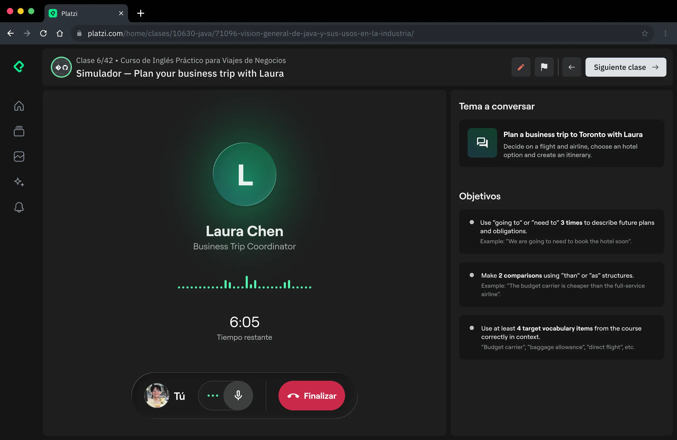 Interfaz de una clase interactiva de Platzi con ejercicios de conversación