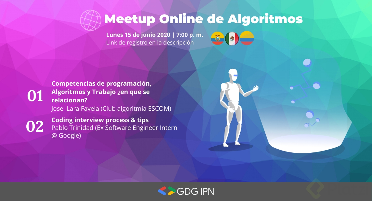 Anuncio de GDG IPN: Meetup Online de Algoritmos del 15 de junio a las 7pm