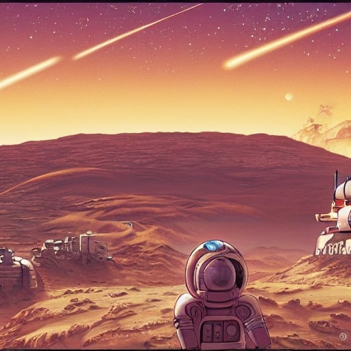 Civilization on Mars, with milky way galaxy in the backgroud, studio ghibli scheme.png