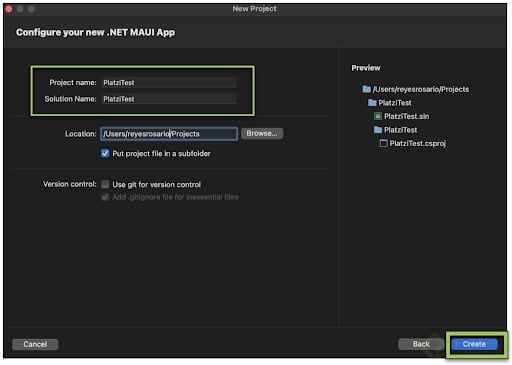 Configurar datos básicos del proyecto en Visual Studio Mac