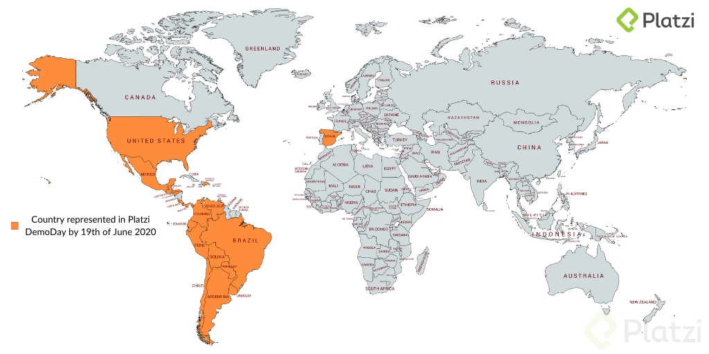 Países representados en Platzi DemoDay para el 19 de junio de 202