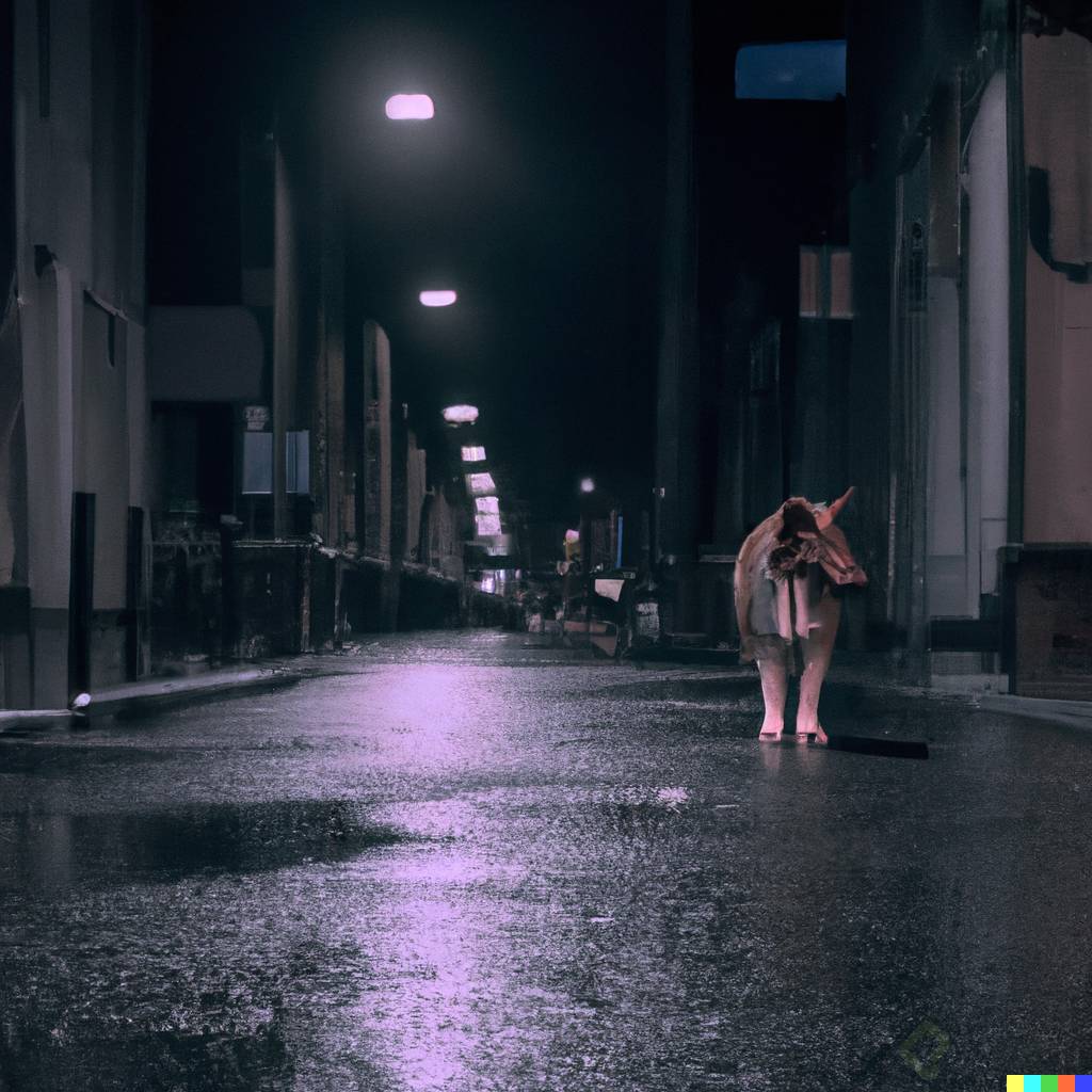 DALLÂ·E 2023-02-09 20.23.45 - Photo of a dog, in an alley at night, raining, Slightly gloomy, dramatic scene in the rain, 8k, canon RF 35mm f_1.8 IS Macro STM.png