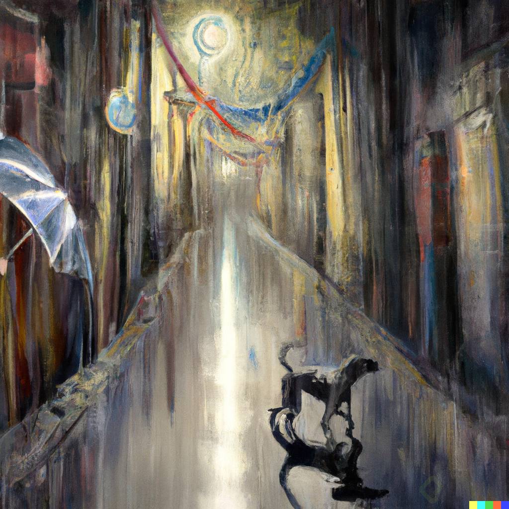 DALLÂ·E 2023-02-09 20.27.07 - painting of a dog, in an alley at night, raining, Slightly gloomy, dramatic scene in the rain, by vinces vango.png