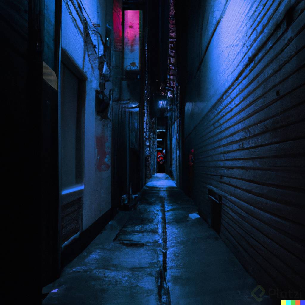 DALLÂ·E 2023-02-09 22.57.47 - A photo of narrow alley rounded of publicity media, big city, neon lights, dark, 10k, by nicolas winding refn.png
