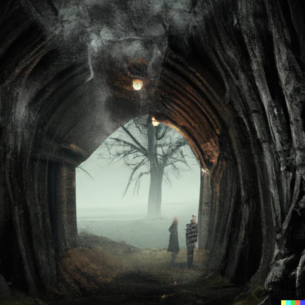 DALL·E 2023-02-10 00.43.27 - A photo of a scary open alley, dark clouds, many big trees with dry leaves spewing smoke, year 1600 in England, an old couple looking at the tunnel su.png
