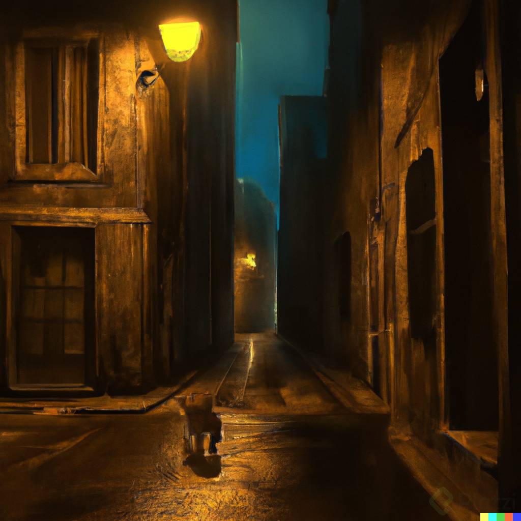 DALLÂ·E 2023-02-10 10.30.43 - an urban photograph of a medieval alley, at very dark night and with lighting from the windows  of some houses. AND DOG BY Vincent van Gogh HQ, 4k.png