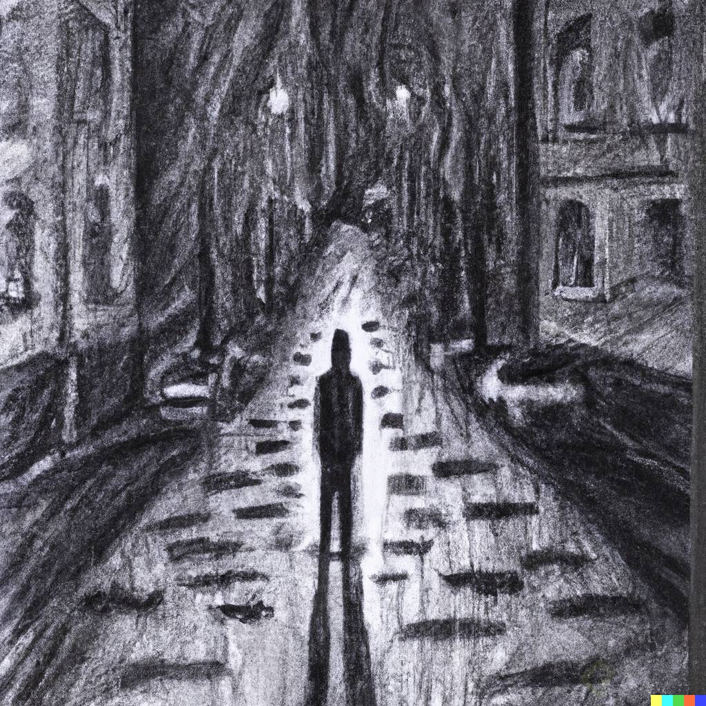 DALLÂ·E 2023-02-10 10.45.37 - A photo of an open dark alley at night in the rain, a person crying in the middle of the alley, charcoal sketch.png