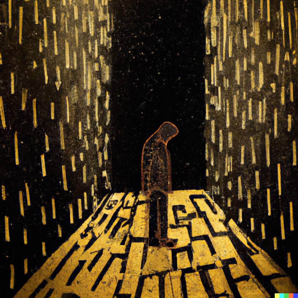 DALLÂ·E 2023-02-10 11.01.40 - An open dark alley at night in the rain, a person crying in the middle of the alley, scratch art , foil art, gold and black.png