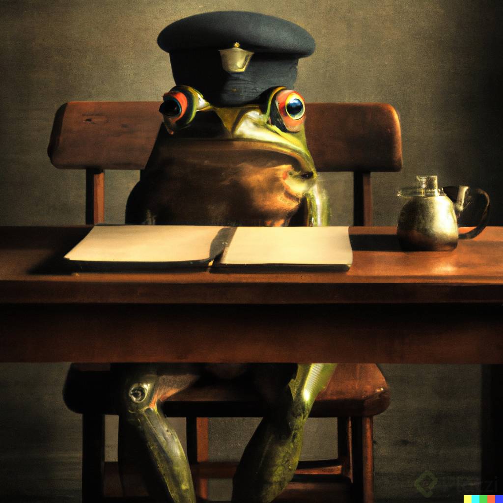 DALLÂ·E 2023-02-10 13.12.11 - an image of a frog with a military hat sitting at a desk Looking straight ahead, terribly angry, by ZdzisÅ‚aw BeksiÅ„ski.png