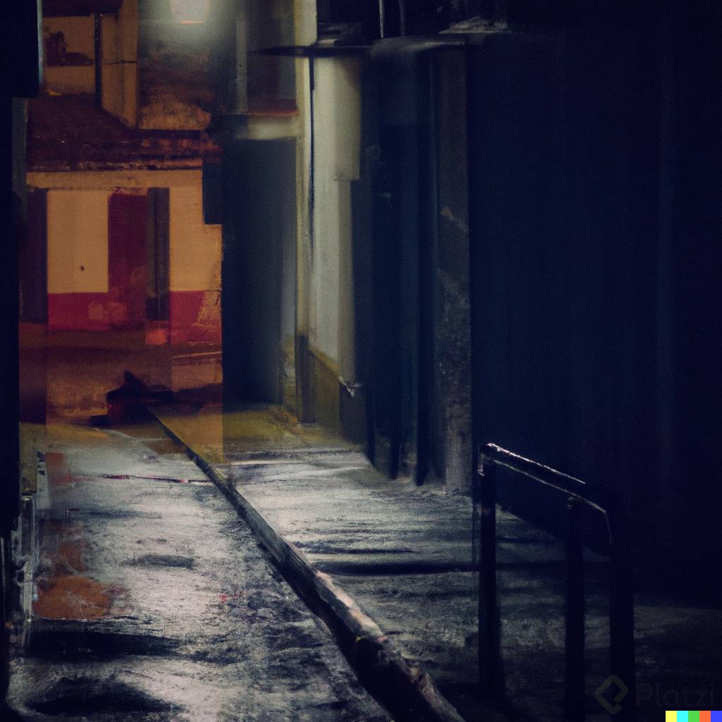 DALLÂ·E 2023-02-10 16.56.28 - CallejÃ³n  en la noche obscuro, plano abierto, mientras da una escena dramÃ¡tica en la lluvia .png