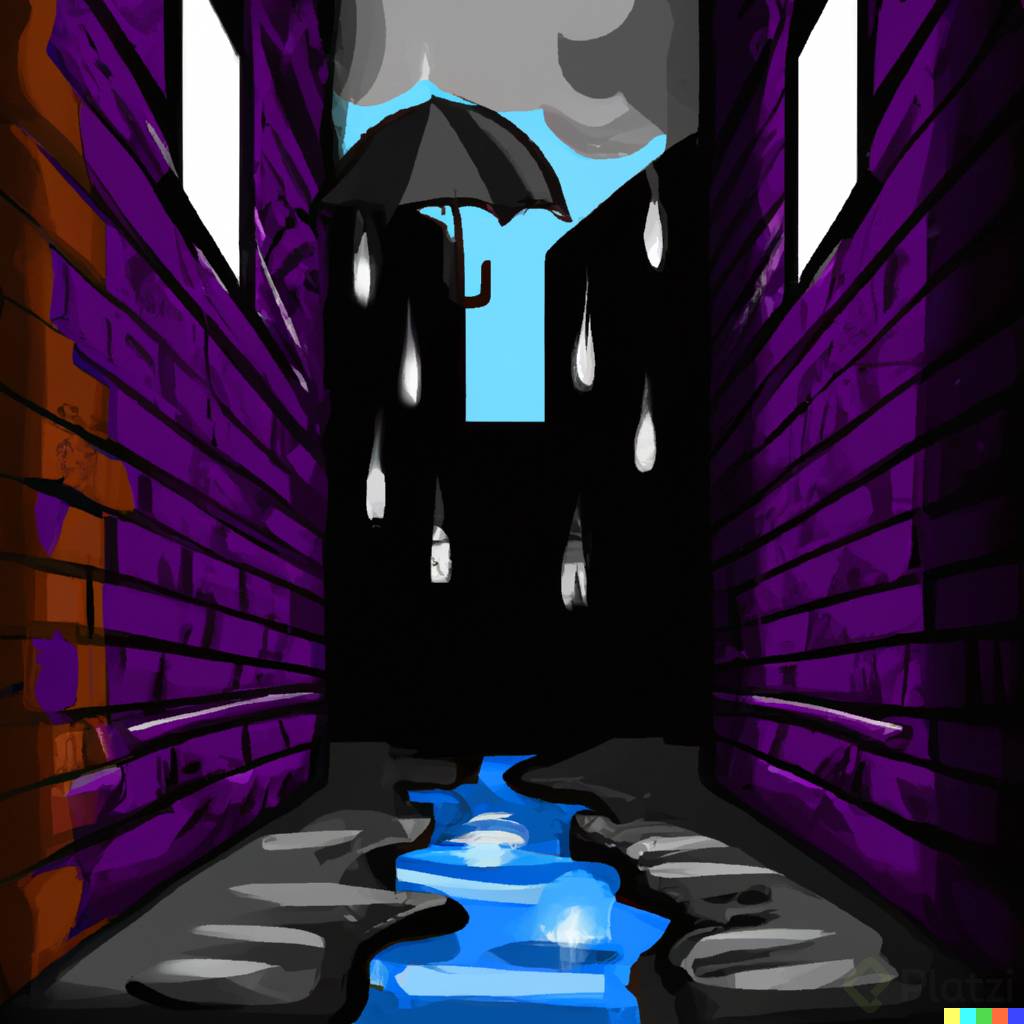 DALL·E 2023-02-10 17.03.40 - Callejón  en la noche obscuro, plano abierto, mientras da una escena dramática en la lluvia , sticker illustration.png