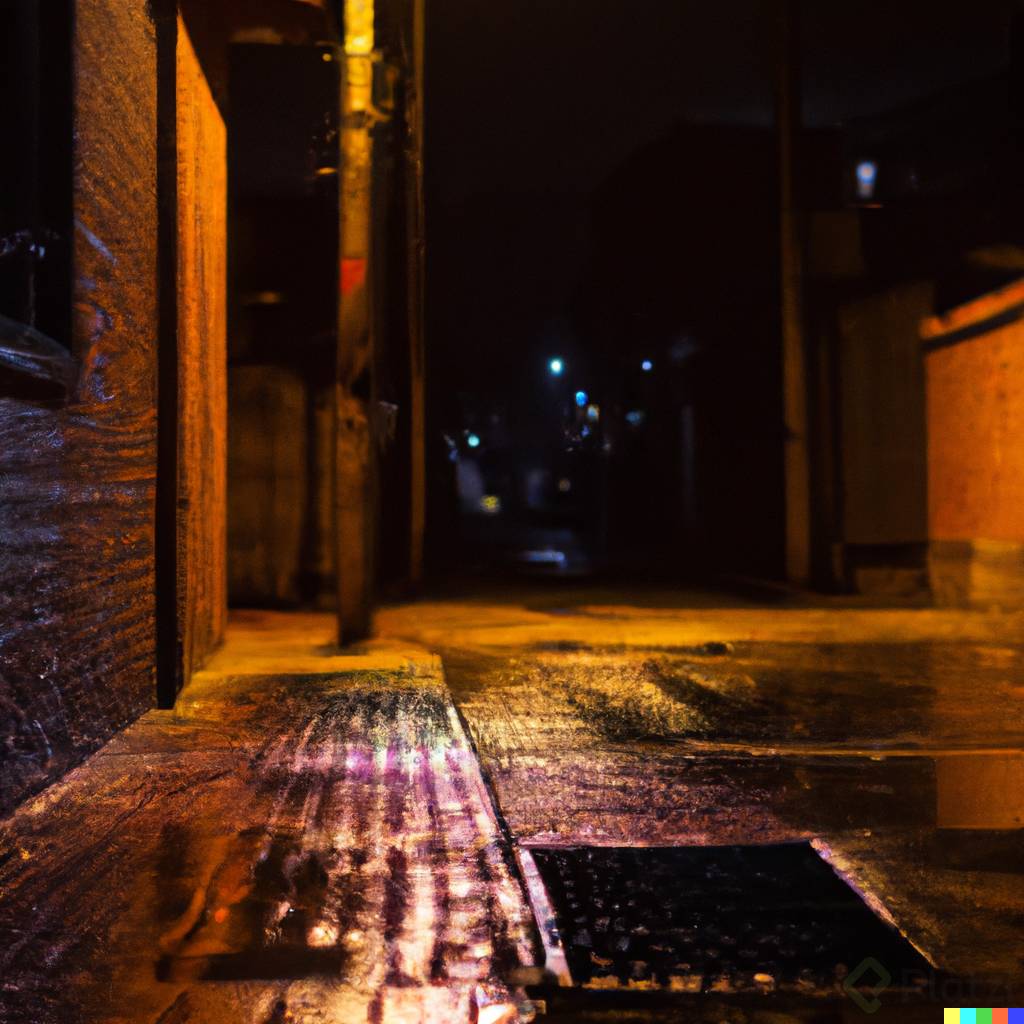 DALLÂ·E 2023-02-10 20.33.29 - alley at night, dramatic scene in the rain, open shot, dark, realistic colombian street style with crooks in the distance.png