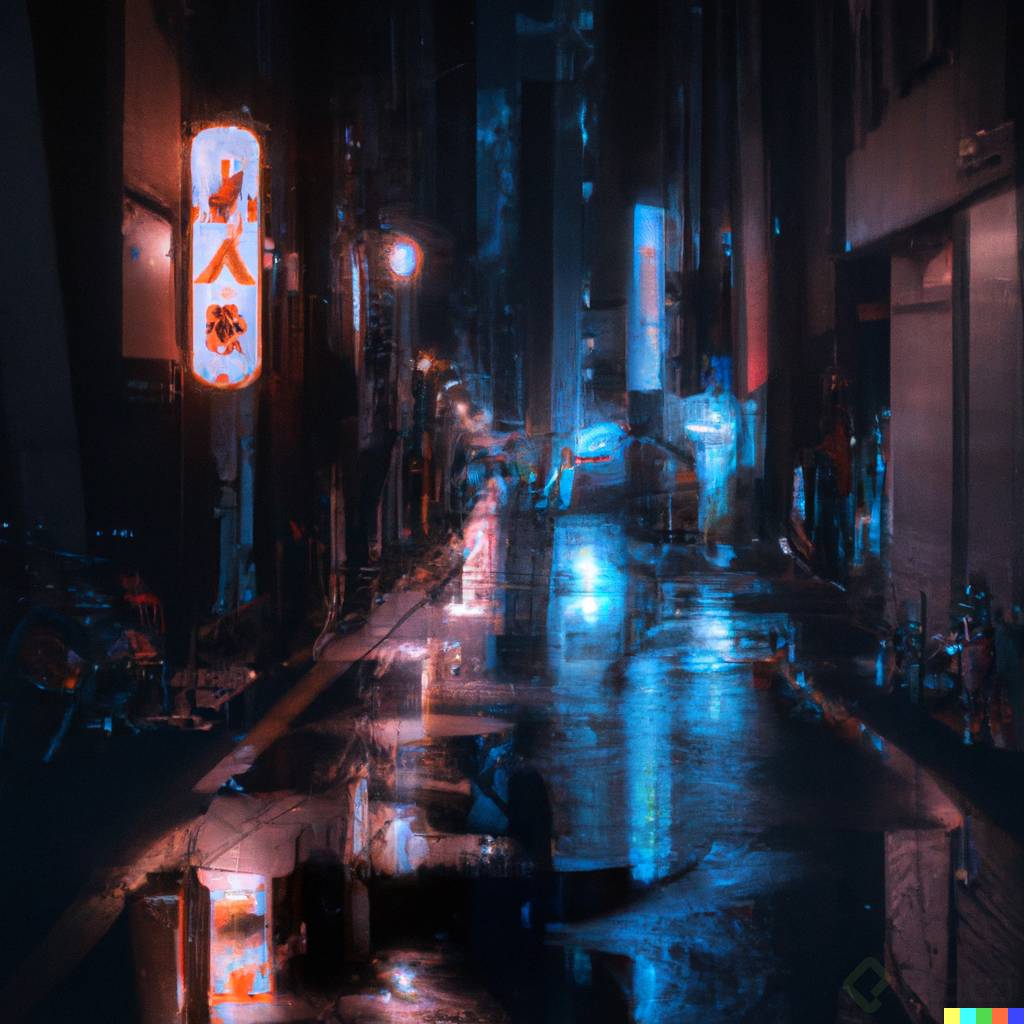 DALLÂ·E 2023-02-10 23.15.24 - Photography of a street in Tokyo, open plan, night with tones of light and neon, shadows, rainwater on the floor, light, neo, style cyberpunk, realist.png