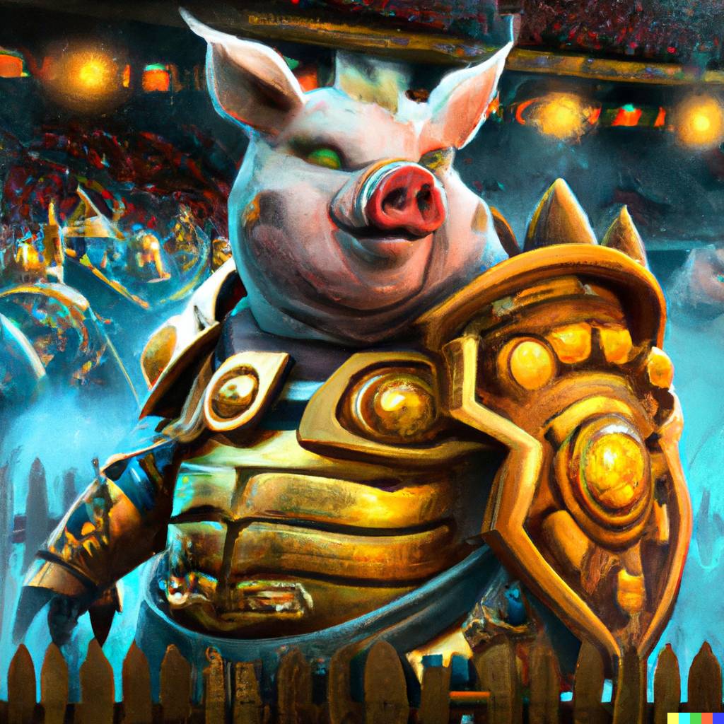 DALL·E 2023-02-11 11.38.36 -  a pig with golden armor villain in a stadium, digital art.png