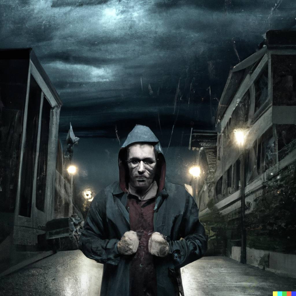 DALL·E 2023-02-11 13.39.33 - A hostile villain on a dark street and a rainy day.png