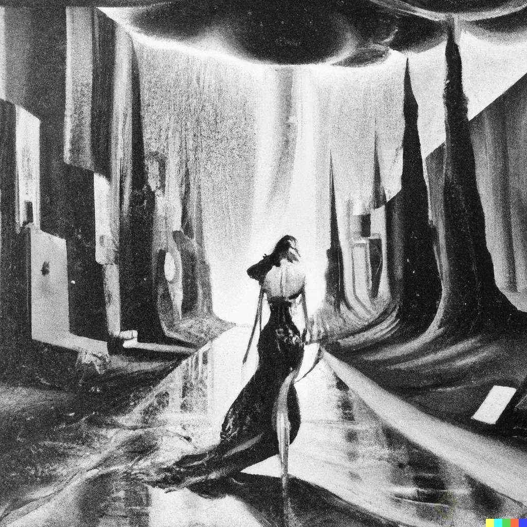 DALLÂ·E 2023-02-11 23.28.15 - A 10k black and white painting of a beauty woman walking in an alley under rain, by Salvador Dali.png