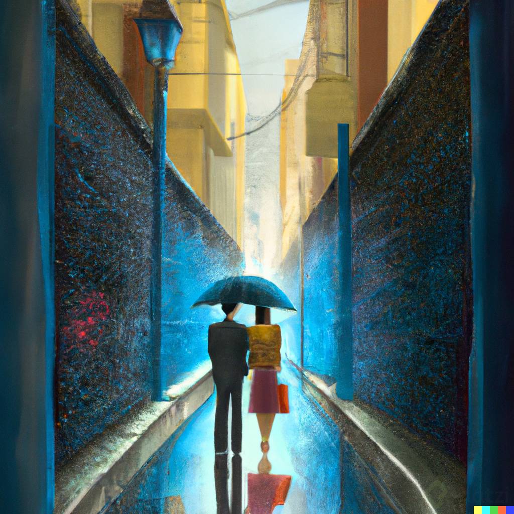 DALLÂ·E 2023-02-12 10.32.12 - A painting of a narrow alley with two people under the rain. Stephan MartinieÌ€re style.png