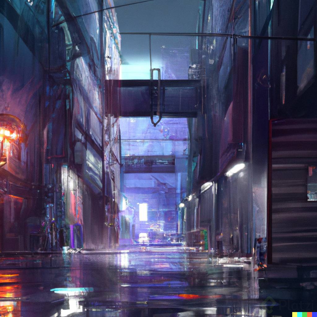 DALLÂ·E 2023-02-12 15.57.43 - Grim and gloomy cyberpunk city alley, with low light and rain, some neon and hyper realistic style, high quality and resolution..png