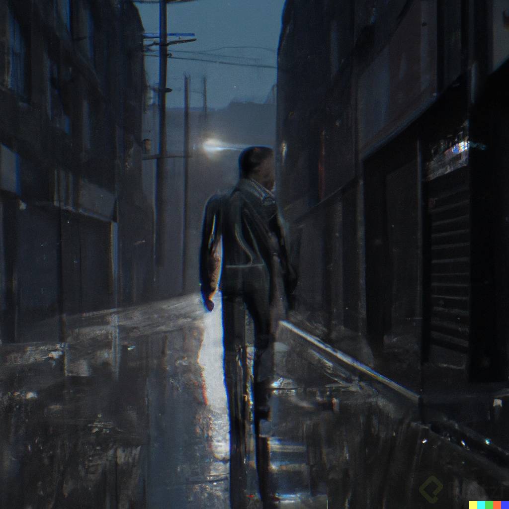 DALLÂ·E 2023-02-12 17.06.46 -  movie scene, person walking through a dark alley in an open shot of a dark and rainy night while our protagonist is crying. 10k resolution.png