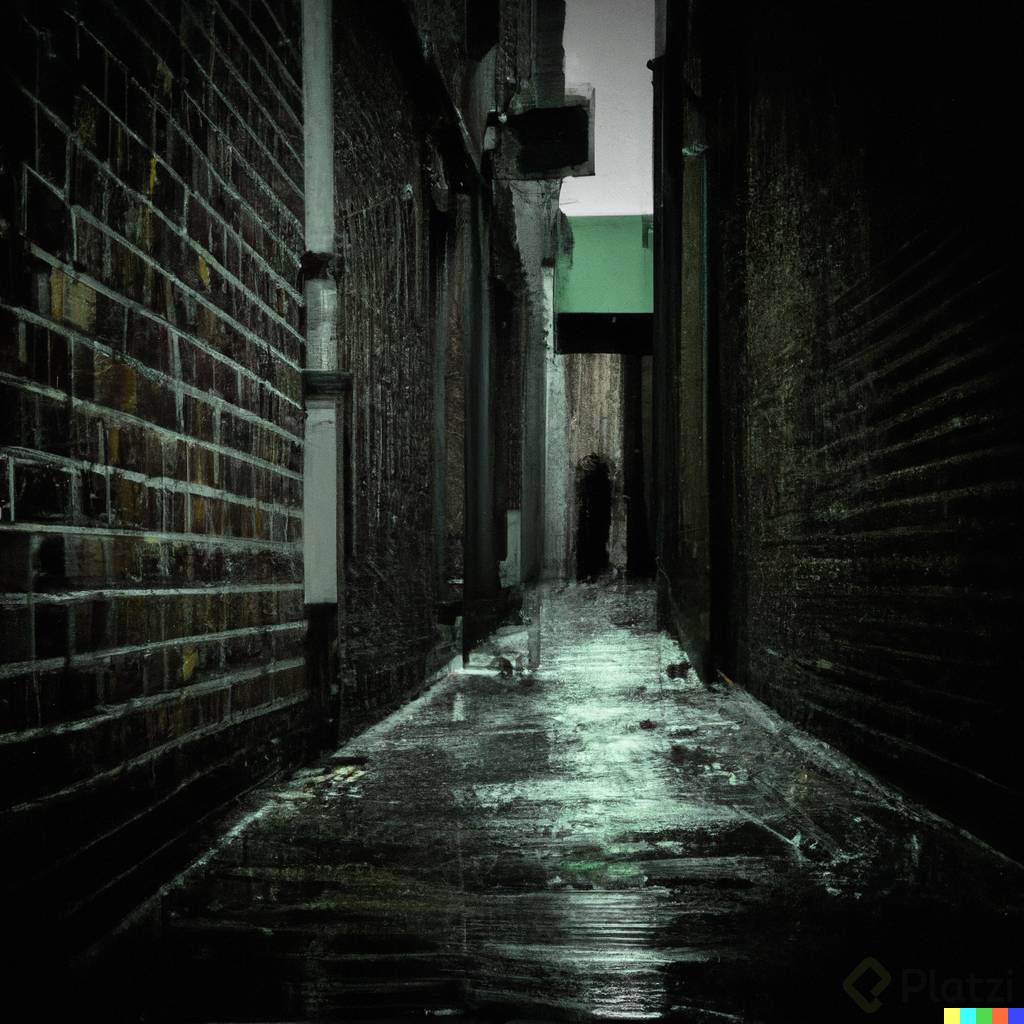 DALLÂ·E 2023-02-12 23.18.06 - An alley of a very dark street, there is rain and the scene is very creepy, there is a ghost watching us..png