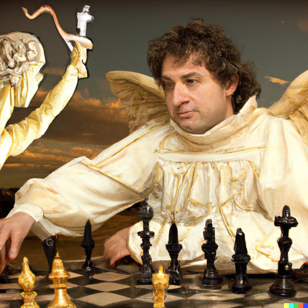DALLÂ·E 2023-02-12 23.43.15 - A chess player in a game against an angel, in a Renaissance-style scene.png