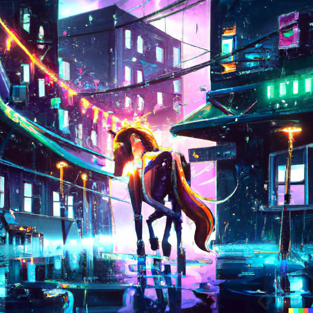 DALLÂ·E 2023-02-13 02.45.27 - A horse in a Grim and gloomy cyberpunk city alley, with low light and rain,  neon light and hyper realistic style, by Kilian Eng.png