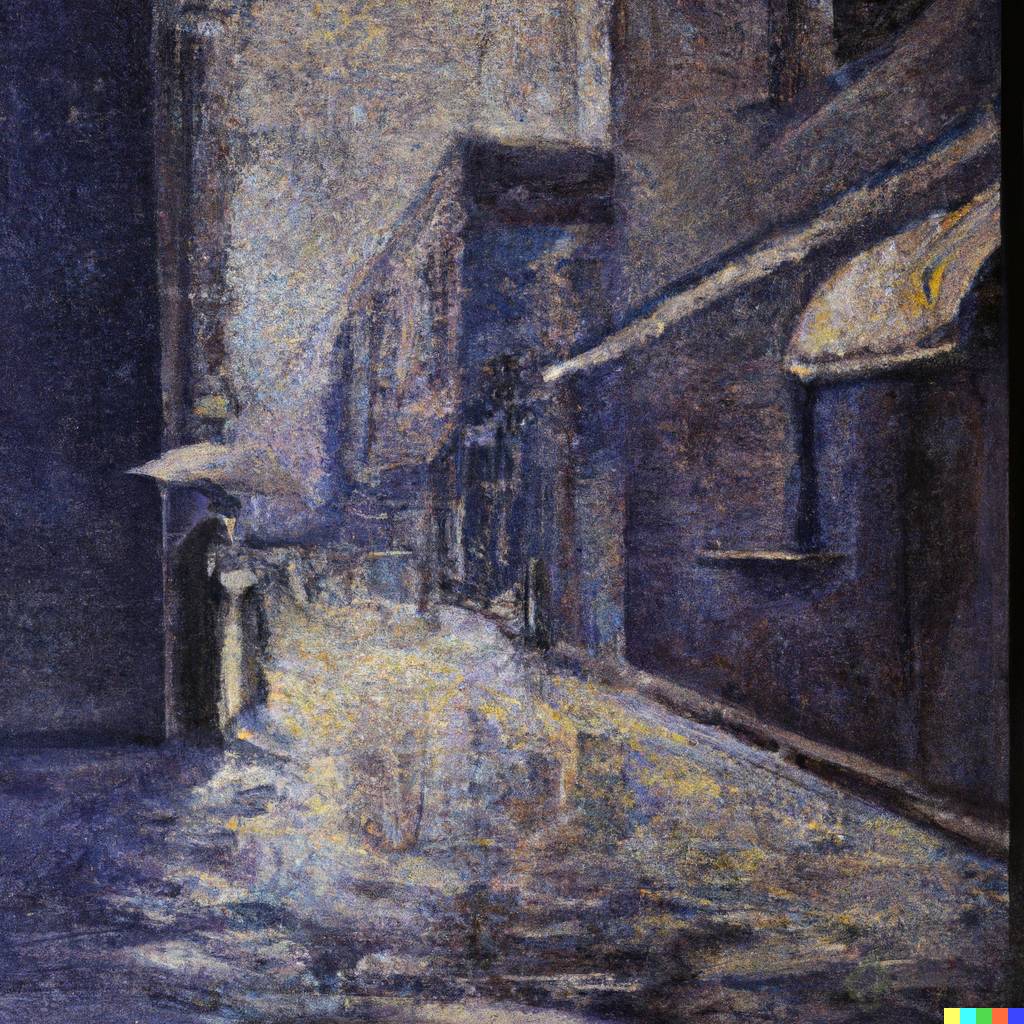 DALL·E 2023-02-13 09.07.46 - An old alley painting in shanghai where the downpour while flooding the corners, very dark and gloomy, by Paul Signac.png