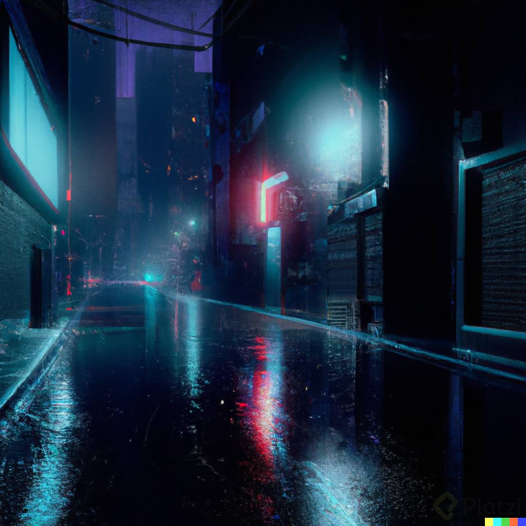 DALL·E 2023-02-13 09.07.57 - A 3D render, Grim and gloomy cyberpunk city alley, with low light and rain, some neon, high quality and resolution, style digital art.png