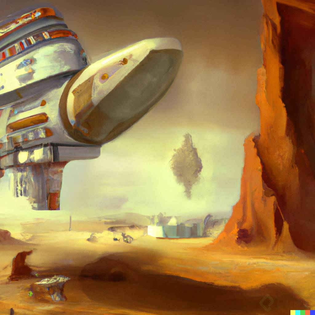 DALL路E 2023-02-13 09.14.09 - Futurist very detailled painting of Space Technology on Mars, view of a space ship arriving.png